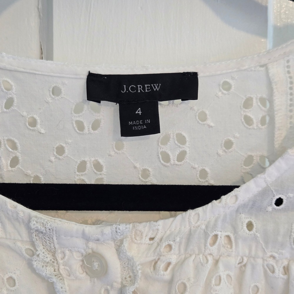 J.Crew White Eyelet Lace Cotton Mini Dress Short Puff Sleeve Button Front Size 4 - Picture 11 of 16